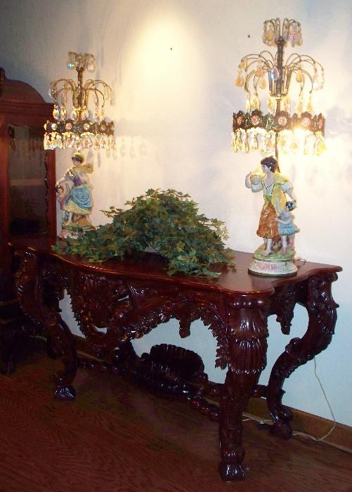 Heavily Carved Library Table - Porcelain Figural Lamps with Prisms