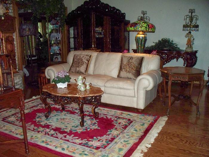 Bassett Leather Sofa - Ornate Coffee Table with Marble Top - Oriental Rug