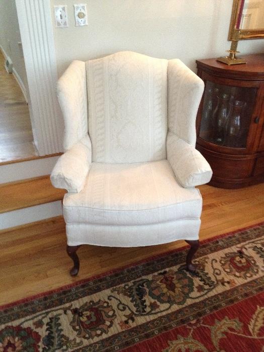 White fabric Queen Anne Style arm chair