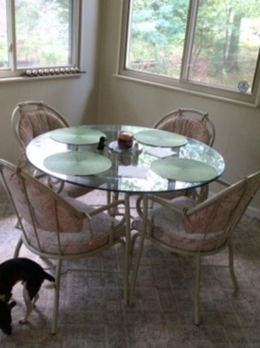 Vintage Cal-Style round glass table and four chairs