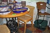 Table with sewing machine base, Crate and Barrel counter stool, Zrike Field and Stream pottery