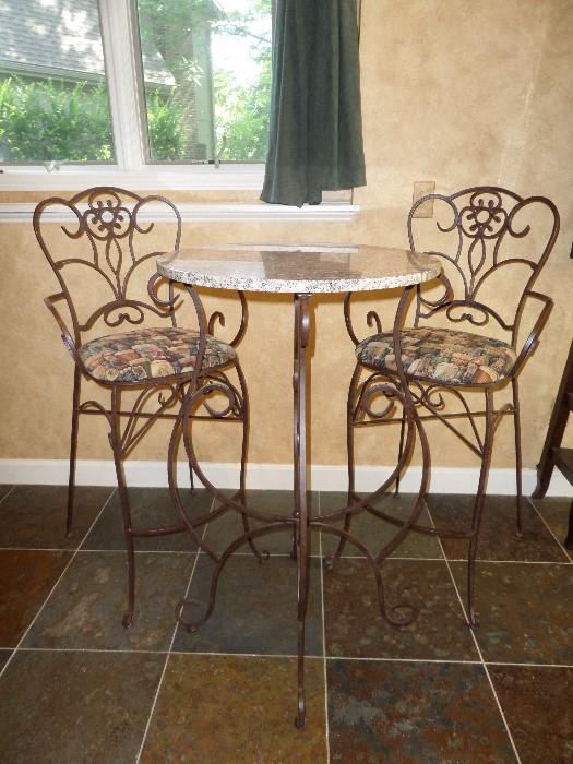 Wrought Iron/Granite Pub Table and Two Chairs (3 Sets Available)