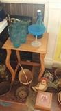 Side table, blue glassware