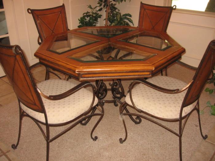 Octogon wood/metal/and glass dining table w/4 matching chairs