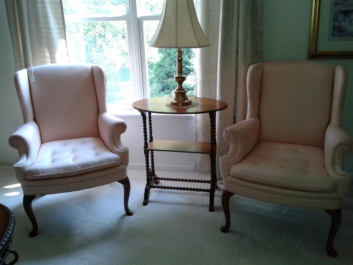 matching wing back chairs and antique  oak side table.