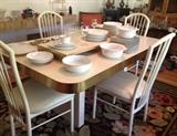 Retro Brass Trim Dining Table, Set of 4 Ivory powder coated chairs, Mikasa Service for 8