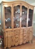 Antique Mesh front china Cabinet filled with Vintage Tea Cups, China, Serving Pieces and Crystal