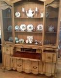 Antique Metz China Cabinet reveals an unusual leather top drop down desk.