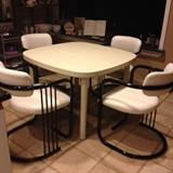 Laminate Table, Black and White Cantilevered Dining Chairs