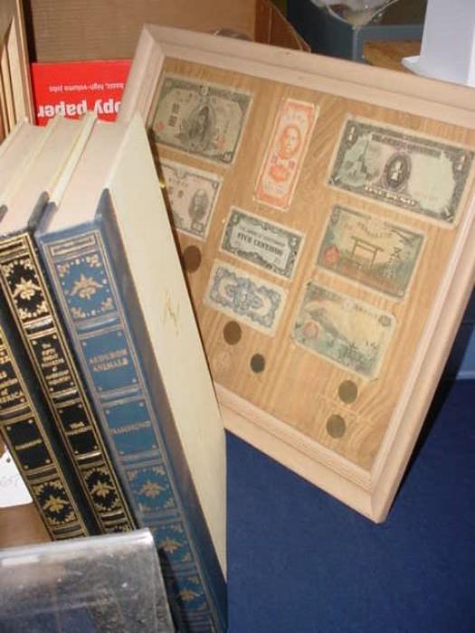 Vintage bird and animal books, foreign currency, and other coin collections, casino chips....
