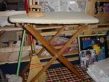 Hand made oak child's ironing board, with iron and brooms and mops, plus some of the record albums, such as Depp Leopard and others.