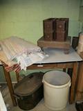 lg Crock, copper broiler, sewing drawers, porcelain top table, and throw rugs