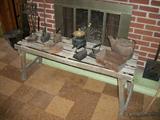 Sad Irons, tea pots, primitive bench