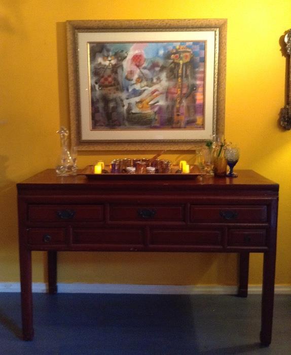 Bright Red Chinese Lacquer Scholar's Table with Original Artwork 