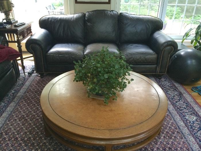 Vintage Kittenger coffee table Nail head black leather sofa