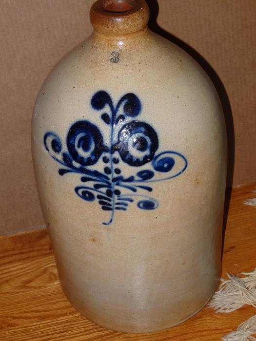 Mid-19th c. cobalt slip decorated 3 gal jug, from 1804 home (owner's note with origin details included).