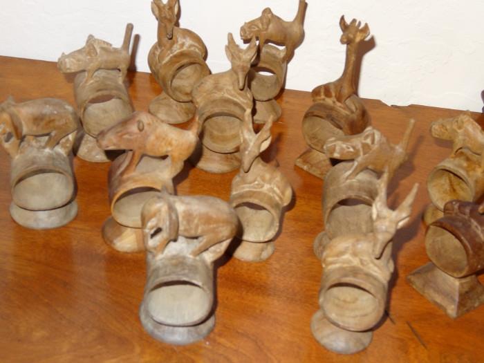 Series of African, hand carved wood napkin rings