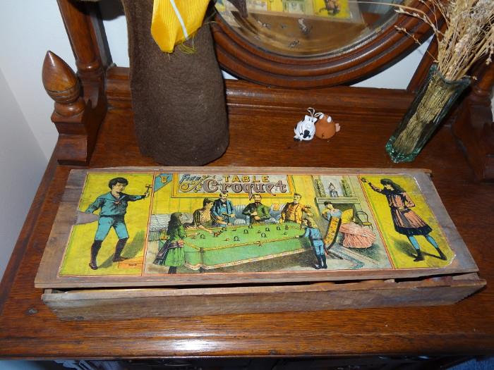 Antique table croquet game, with contents