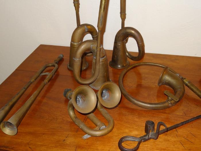 Group of copper carriage horns
