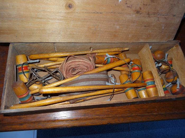 Contents of antique table croquet set