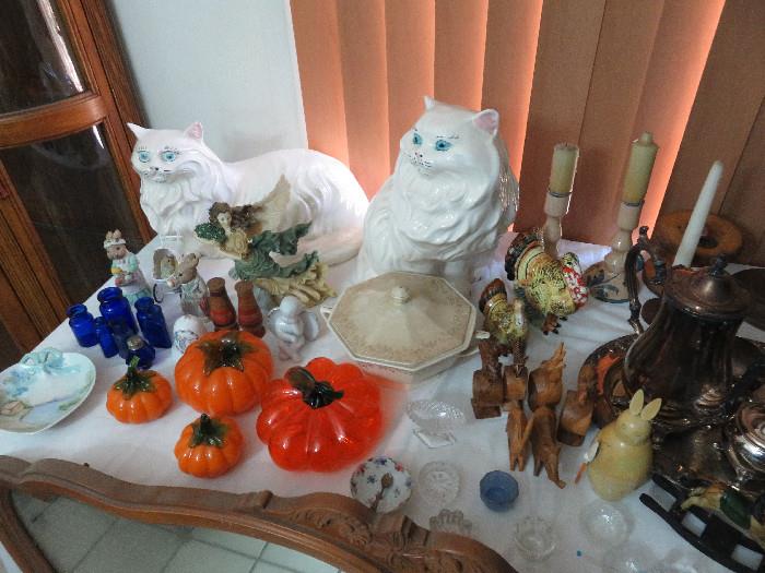 Glass pumpkins, ceramic cats and misc.
