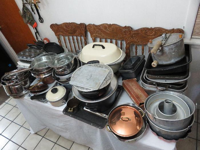 Pots and pans including some copper