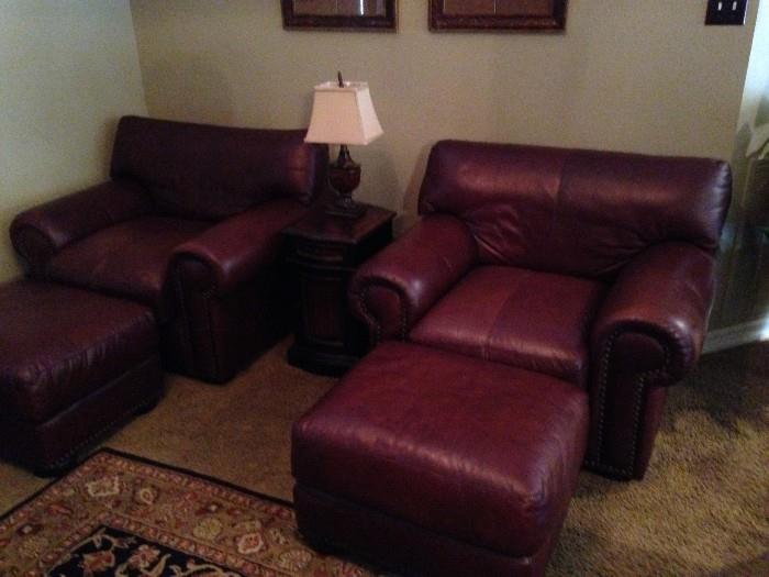 Matching leather chairs & ottomans