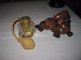 Lalique perfume bottle atomizer and Red Jade carved Antique dragon Foo dog