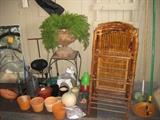 Folding rattan chairs, pots 