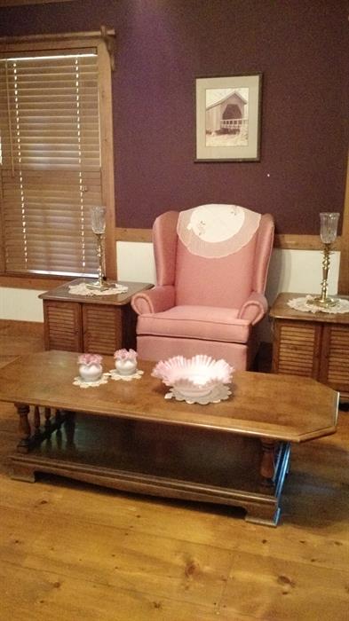 Nice wing back chair, coffee table & lamp tables.