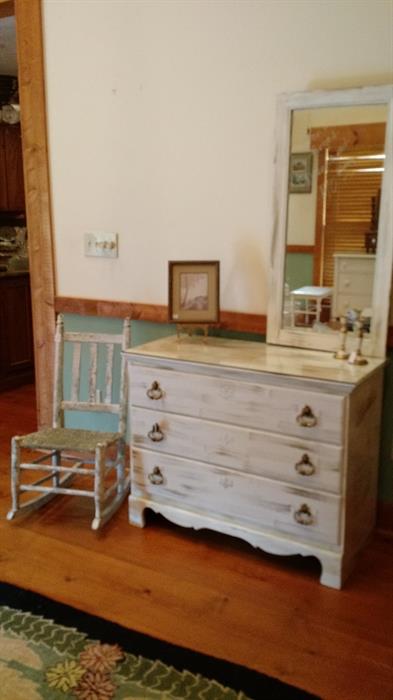 Distressed dresser with mirror & a Great distressed Sewing Rocker.