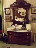 Victorian Renaissance walnut & burl dresser w/mirror and marble top