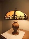 Antique Lamp, Slag Panel Lamp w/ Bronze Base.