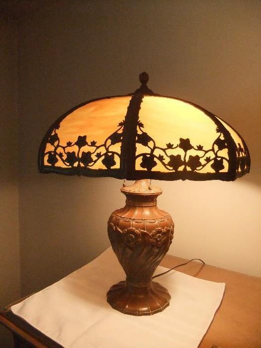 Antique Lamp, Slag Panel Lamp w/ Bronze Base.