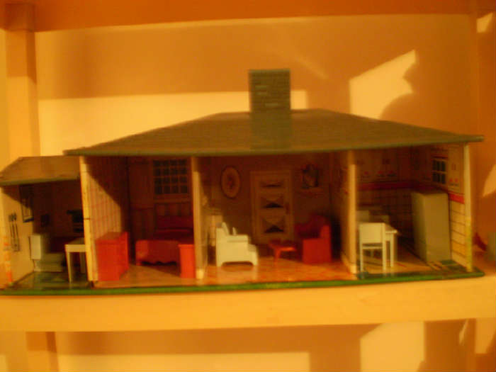vintage metal ranch doll house with furniture
