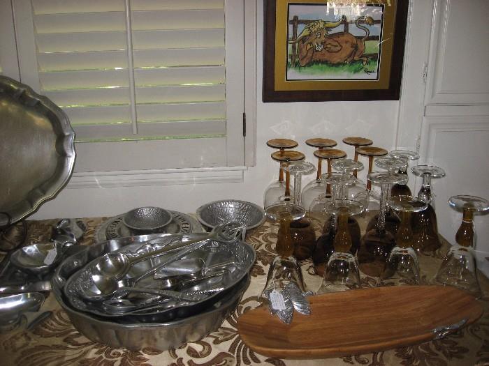 pewter and amber glassware