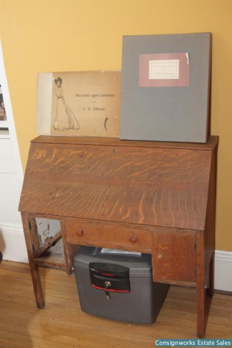 Oak drop front child's desk; safe; Charles Dana Gibson "Sketches and Cartoons"; Thomas Rowlandson's "Medical Caricatures"