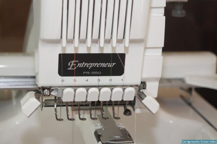Brother Entrepreneur® PR650 Embroidery machine: includes stand and one spool of every available color of Robison-Anton Super Brite Polyester thread (453 colors), and magnetic embroidery rings