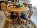 Oak Kitchen dining set, pedestal table, 4 chairs with leather seats