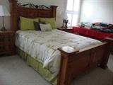 Queen size bedroom set, medium Pine with Metal decorative scroll, head/foot/side boards, mattress, box springs, 