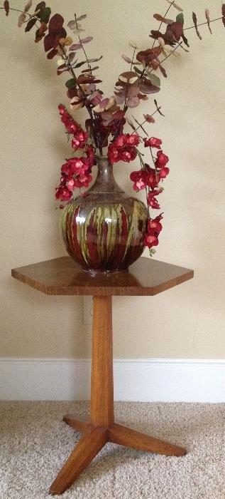 vintage plant stand and pottery vase 