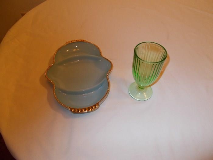 Left - Blue Fire King 3 part Relish Dish; Right - Green Depression Glass footed tumbler...both PRETTY!!!
