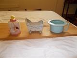 Vintage Children's Planters - 1960's - Left:  Shaped like a Baby Bottle; Middle: Shaped like a Cradle; Right; Shaped like a baby's potty - cute items!!!!!!!!!!