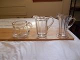 VINTAGE Clear Glass Pitchers - Left to right: 6"; 8"; 8"...great additions for Pitcher Collectors...