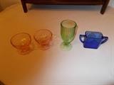 More Depression Era Glassware - Left: 2 Pink Sherberts; Middle: Green Footed Glass; Right: Cobalt Blue Open Sugar - NICE PIECES!!!!!