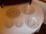 HERITAGE Depression Glass - Clear:  Dinner Plates - 9.25" (4); Sandwich Plate - 11.5" (1); Serving Bowl - 8.5" (2); Serving Bowl - 10.5" (2); Berry Bowls (7)