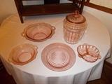 Pink Depression Glass: Top Right - Cookie Jar; Below Right - 3 part Relish Handled Dish; Bottom Middle - Queen Mary Dinner Plate; Bottom Left & Top Left - Sharon (Cabbage Rose) Smaller & Larger Serving Bowls