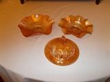 Front:  Irridescent Iris & Herringbone Butter Dish; top Left & Right - CARNIVAL Glass Bowls