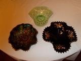 Bottom Left - Carnival Glass (N with circle around it on bottom); Bottom Right: Black Decorative "Elegant Bowl"; Top: Green & Blue "Elegant Bowl"