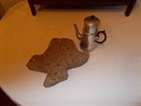 Concrete TEXAS (lady is originally from TEXAS & recently moved back);  Aluminum Drip Coffee Pot